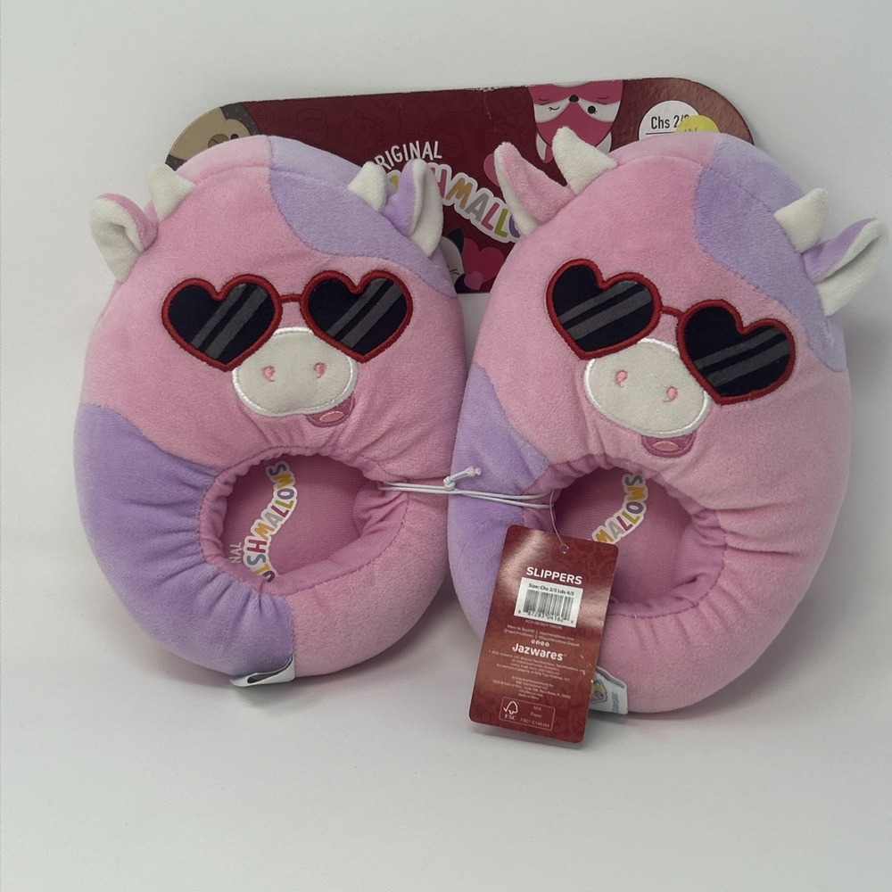 NWT Squishmallows Pink Cow Slip On House Shoes Slippers Kids 2/3 Valentine